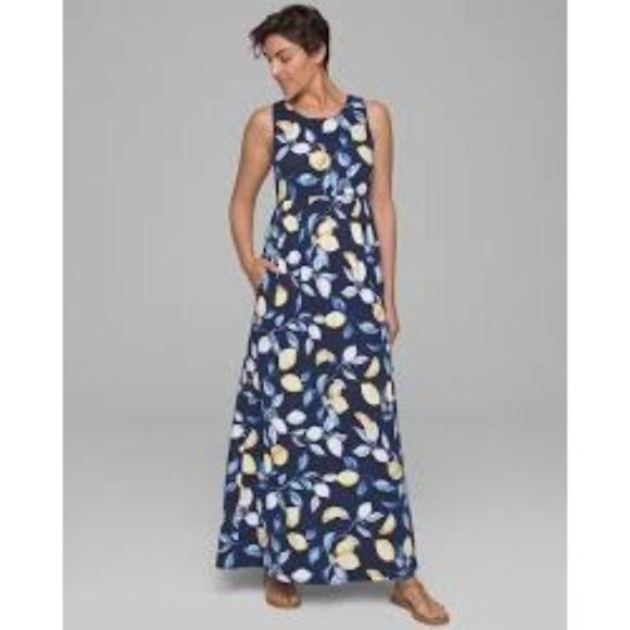 Soma Womens Navy Lemon Print Sleeveless Knit Maxi Dress With Side Pockets  L - Picture 1 of 14